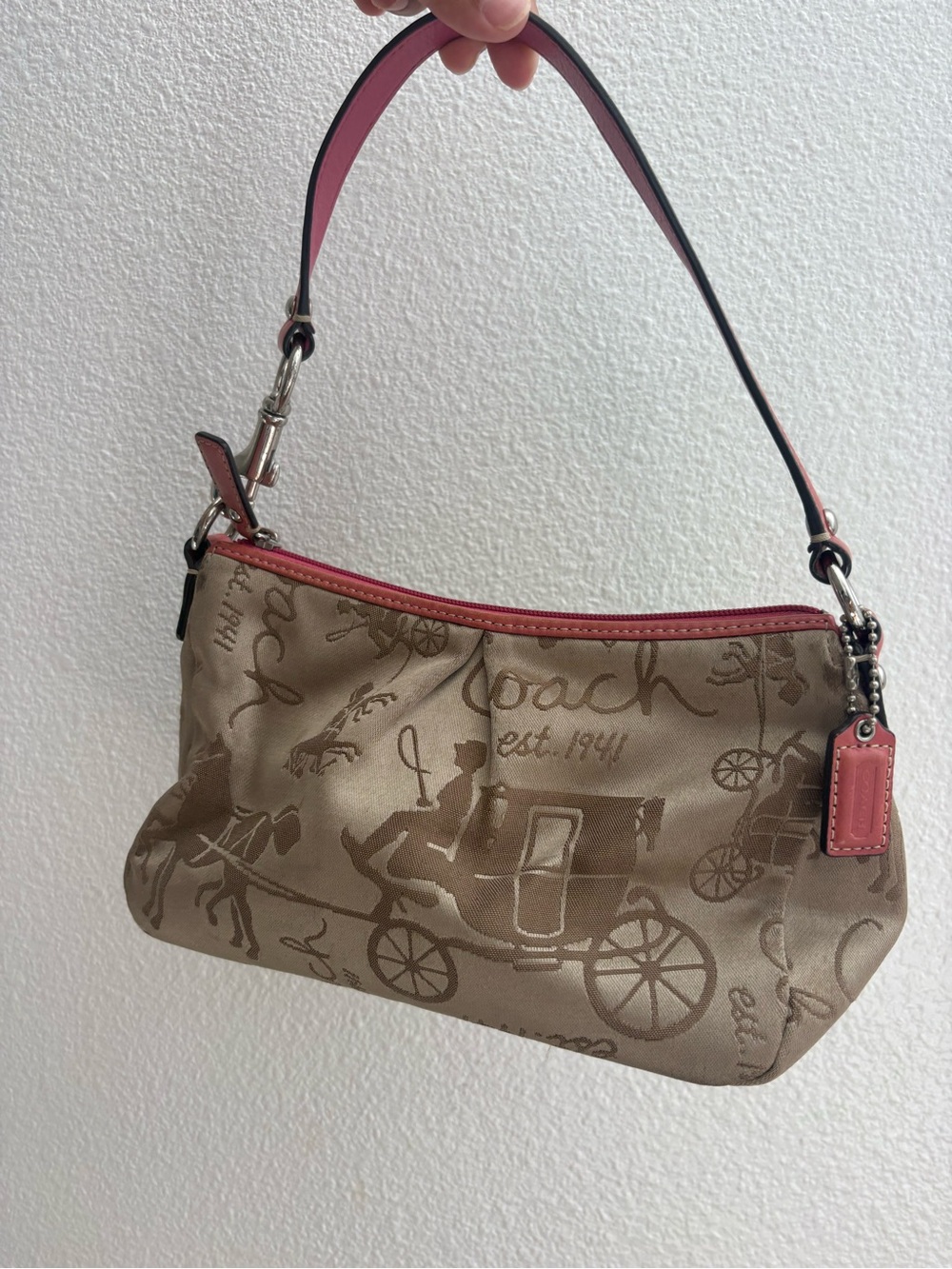Coach Tan Signature Carriage Mini Shoulder Bag with Pink Trim Small Flaw